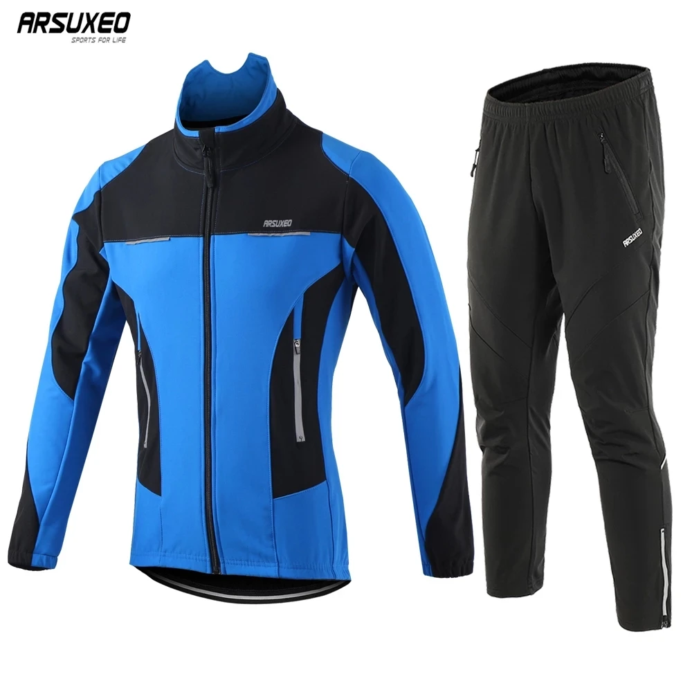 ARSUXEO Men Winter Cycling Jacket Set Windproof Waterproof Warm Up Thermal Fleece MTB Jersey Bicycle Pants Bike Suits Reflective