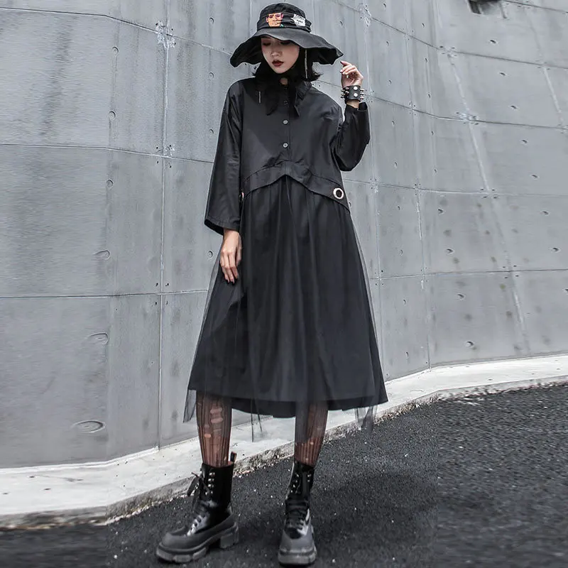 Гофрированный С Сеткой женское платье Корея Мода Новый отложной воротник