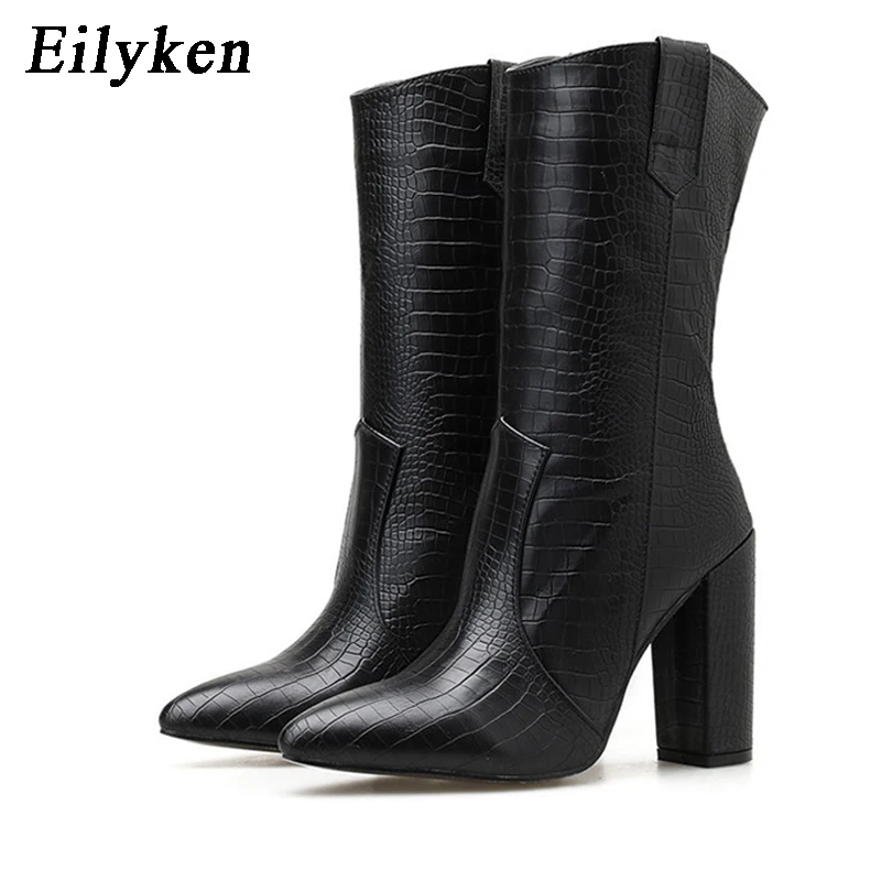 Black Eilyken/ г.; ковбойские ботинки в байкерском стиле; женские ботинки из искусственной кожи крокодила; короткие ковбойские ботинки на высоком каблуке; ботильоны в ковбойском стиле; botas - Цвет: Black