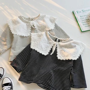 MILANCEL 2021 Весенняя детская блузка с кружевным воротником рубашка для девочек Полосатые базовые Топы