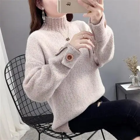 

Fleece/No Fleece Sweater Women's New Style for Autumn and Winter Knit Low Waist Jersey Women's Turtleneck Loose All-match Top