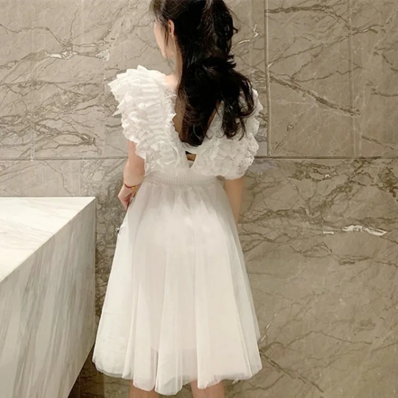 Preppy Style 2020 Summer White Lace Dress Sleeveless V-neck Chiffon Bodycon A-line Formal Party Vestidos | Женская одежда