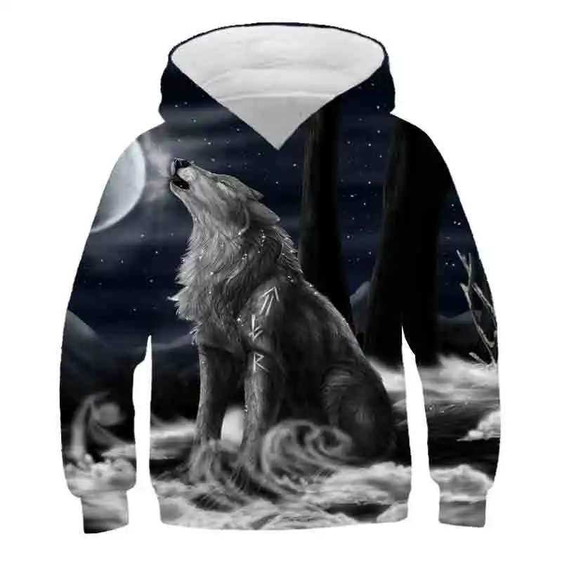 2021 New Style Boys and Girls Wolf Pattern Hoodie Fall/Winter Teen kids Animal Clothing Sweatshirt clothing 4-14 year old | Детская