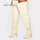 Женские бежевые ботфорты с острым носком на массивном каблуке, на молнии, большой окружности