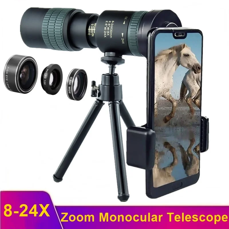 

Монокулярный телескоп 8-24X HD, объектив со штативом и зумом для телефона, для Iphone, Samsung, охоты, туризма