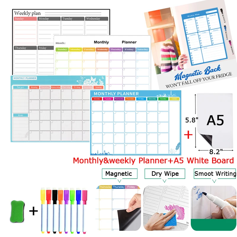 

2PCS magnetic Whiteboard Schedule Dry Erase Board Erasable White Board Markers Pen Teaching Practice Drawing Door Board Stickers