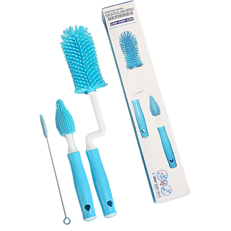 

3pcs Silicone Bottle Brush 360 Degree Rotation Baby Pacifier Cup Nipple Cleaning Brushes Set Handheld Soft Head Food Grade 97BC
