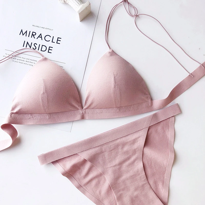 pink bra set Wriufred, простой модальный хлопковый комплект нижнего белья, тонкие бретельки, собранный сексуальный бюстгальтер и трусики, удобный треугольный бюстгальтер - Цвет: pink bra set