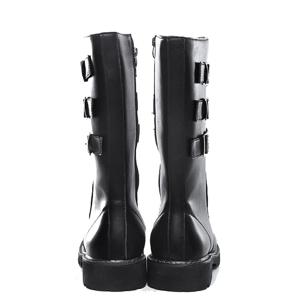 

New Men Motorcycle Boots Autumn Winter Quality Leather Calf High Boot Male Zipper Buckle Punk Shoes Flats Snow Boots Men Shoes