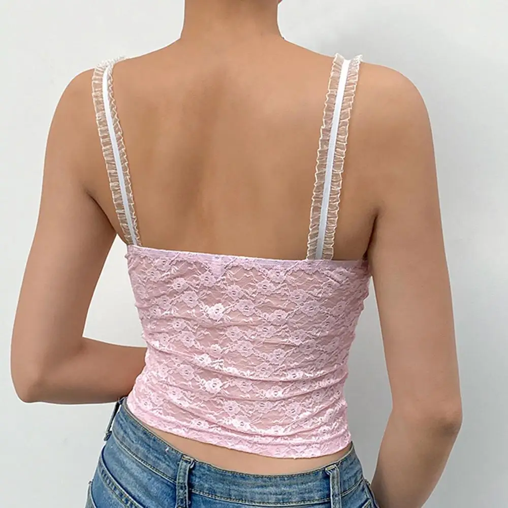 

SANWOOD 2021 Lace Sweet Camis Y2K Frill Crop Top Bow Backless Sleeveless Corset See Through Vest Top Women Party Dress