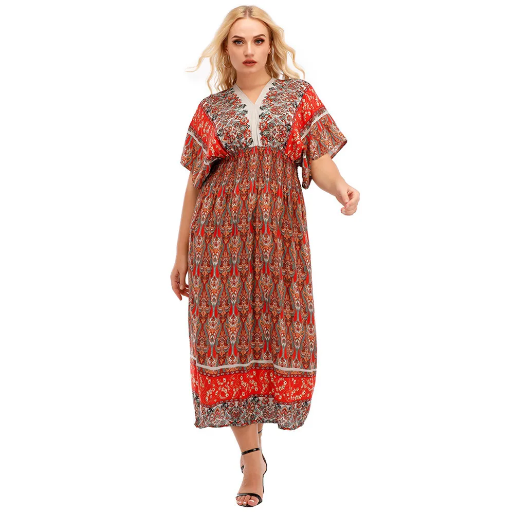 

Kaftan Abaya Women Vintage Print Maxi Dress Muslim Caftan Dubai Turkey Robe Boho Holiday Party Sundress Islamic Clothing Gown