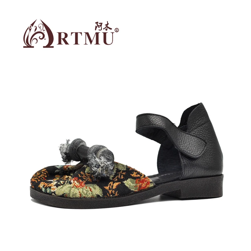 

Artmu Original Women's Sandals Genuine Leather Shoes Closed Head Sandals Retro Embroider Chinese Style Square Head Soft-soled