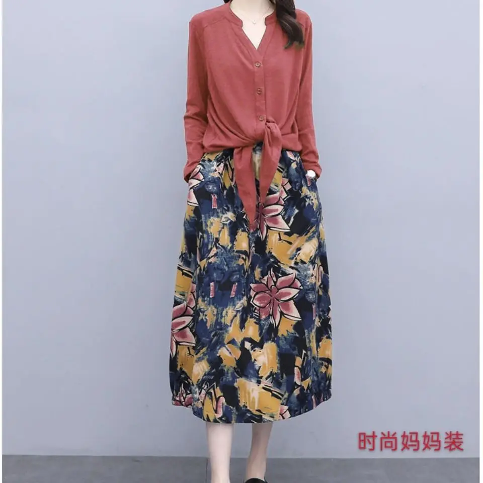 Женская юбка миди из хлопка и льна осенняя с высокой талией принтом женские юбки