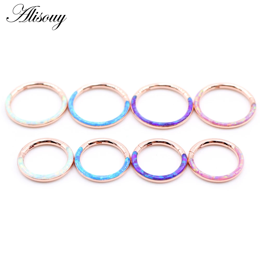 Alisouy 1pc 316L Stainless Steel 16G Twist Hinged Clicker Nose Septum Ring Opal Hoop Eyebrow Lip Ear Rings Body Piercing Jewelry