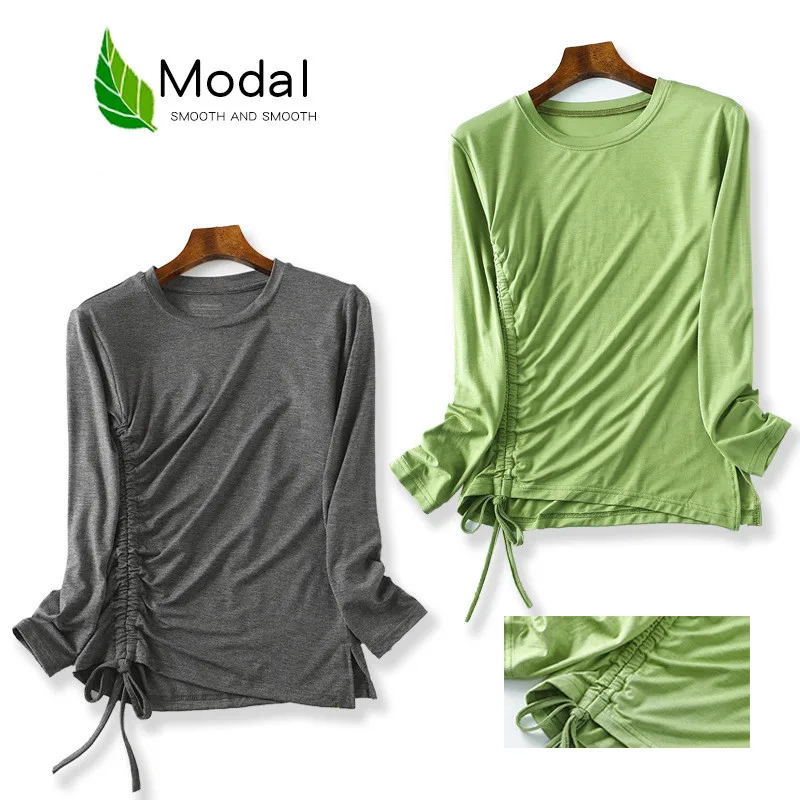 

Синий эластичный Топ с завязками, женская сексуальная весенне-осенняя футболка с длинным рукавом, женские пуловеры с круглым вырезом, женск...