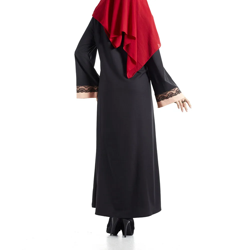 

Muslim Ladies Dresses Spring Autumn Fashion Loose Casual Lace Splicing Contrast Temperament Elegant Flared Sleeves V-neck 2021