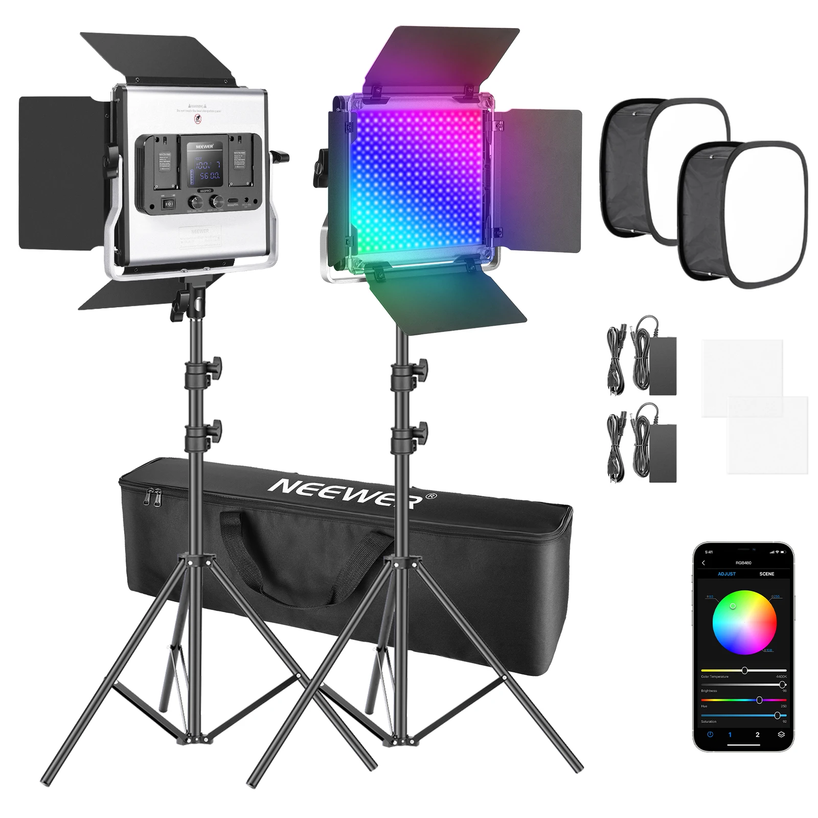 

Светодиодная лампа Neewer 480 RGB с управлением через приложение, комплект светильник освещения для фото-и видеосъемки с подставками и софтбоксо...