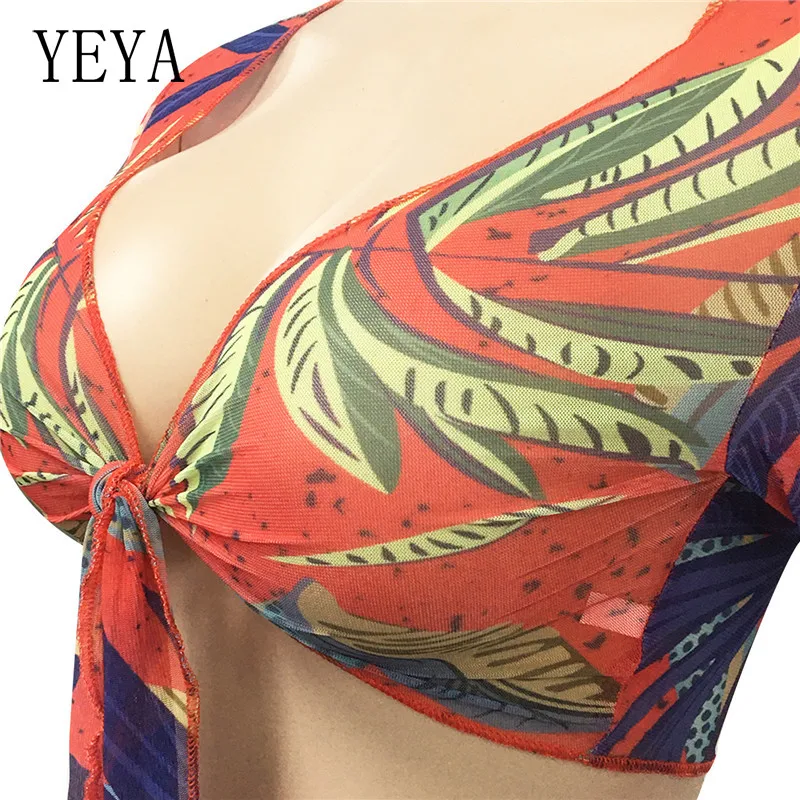 

YEYA Print Sexy 2 Sets Flare Long Sleeve Deep V Neck Hollow Out Crop Top Drawstring Lace Up Pleated Mini Skirts Casual Party