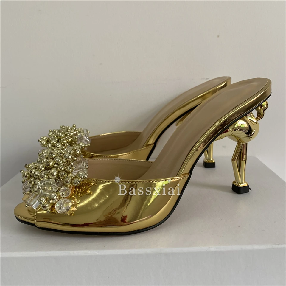 

Unique Flamingo Strange Heel Sandals For Girls Sexy Peep Toe Slingbacks Bling Sequins Rhinestone Flower Runway Mules