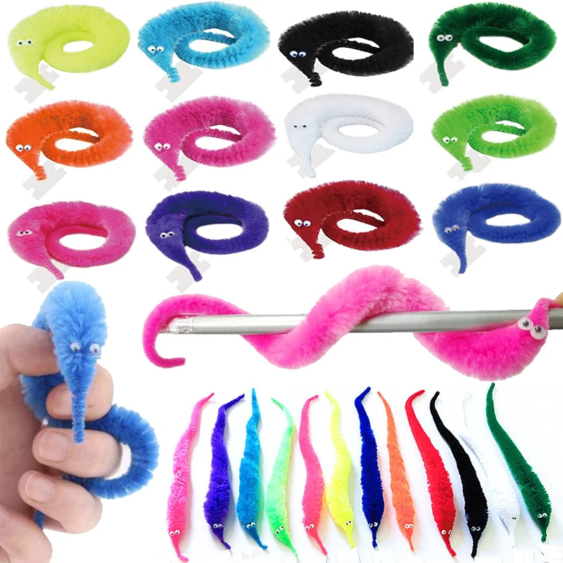 12/24pcs Fuzzy Worm Magic Toys Children Kids Carnival Party Favors with Invisible String Christmas Halloween Wizard Tricks Toy