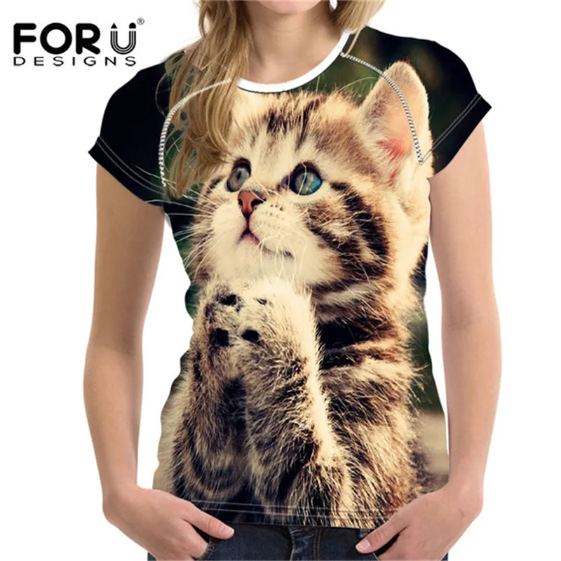 FORUDESIGNS, модная женская футболка, Забавные 3D принты с котом, женские летние топы с коротким рукавом, футболки для женщин, Vetement Femme, одежда