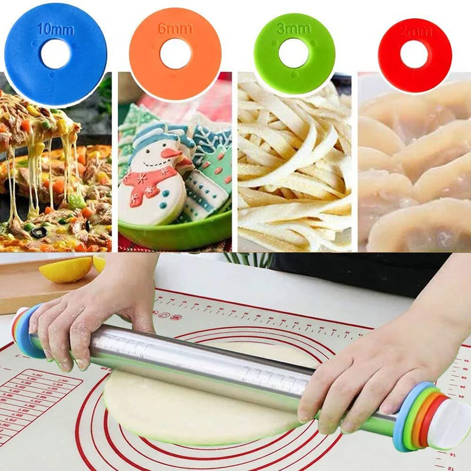 

4 Adjustable Thickness Rings Pastry Mat for Baking Cookie Fondant Dough Pastry Pizza Rolling Pin Baking Pastry Mat Set