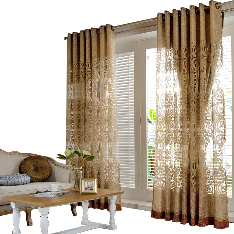 

European Luxury Golden Finished Blackout Curtains Hollow Jacquard Tassel Lace Tulle Curtains For Bedroom Living Room Drapes#4