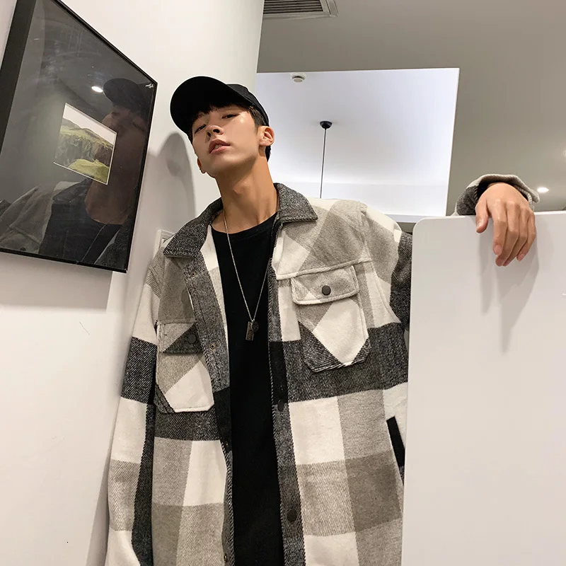 Зимнее шерстяное пальто Мужская модная повседневная Клетчатая Шерстяная куртка