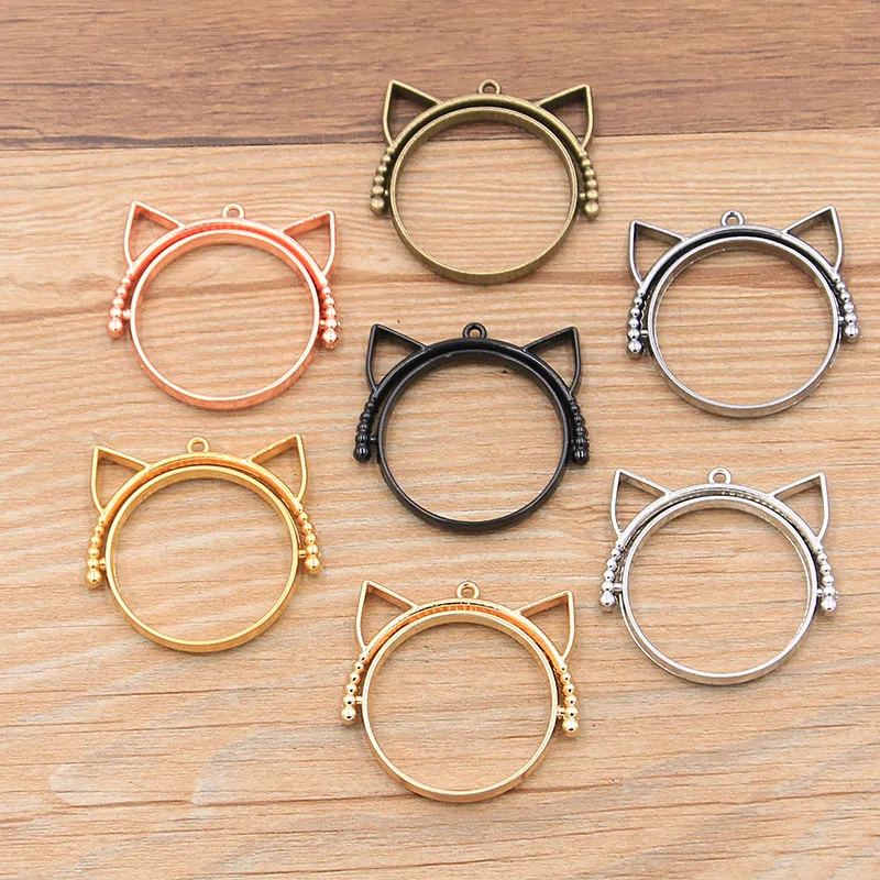 

6pcs 7 Color 32*33mm Rotating Cat Geometric Animal Charm Hollow Glue Blank Pendant Tray Bezel Charms DIY Handmade Bezel Mold