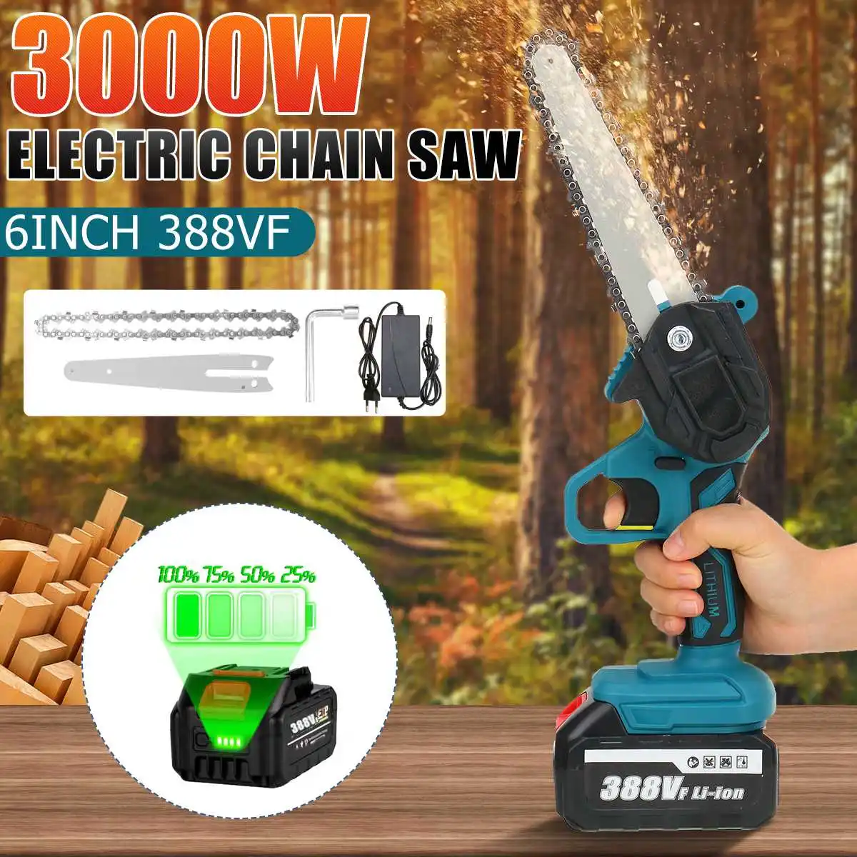 

3000W 6 Inch 388V Electric Chain Saw With Battery Garden Pruning Logging Saw Woodworking Power Tools Adapt to Li-Ion Battery