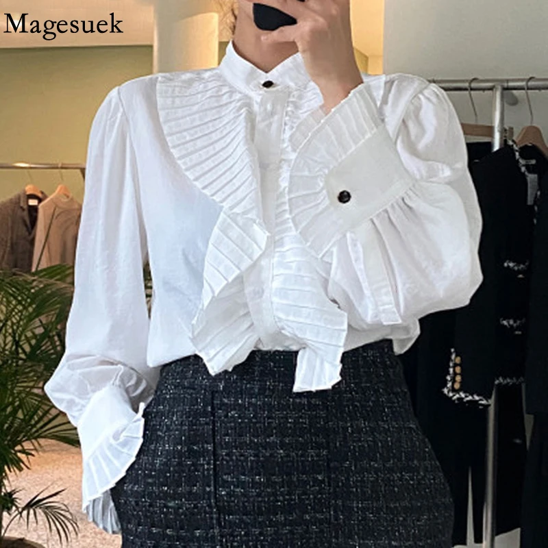 

Women Ruffles Palace Style Blouse Stand Collar Flare Long Sleeve Top Female Elegant Blouse Women OL Office White Shirt 18324