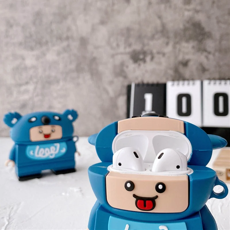

3D Cute Cartoon Koala Blue Case Cover with Hook Antishock Silicone Protector for AirPods 1 2 for Airpods Pro Charging Box