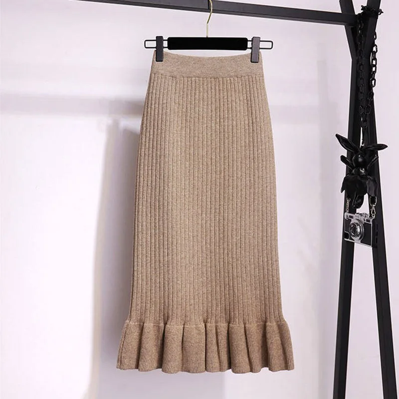 khaki 65cm Женская Осенняя трикотажная Мини-юбка в стиле русалки, высокая талия, теплая, элегантная, с оборками, Вязанная, в рубчик, юбки для женщин,, зимние юбки для вечеринок - Цвет: khaki 65cm