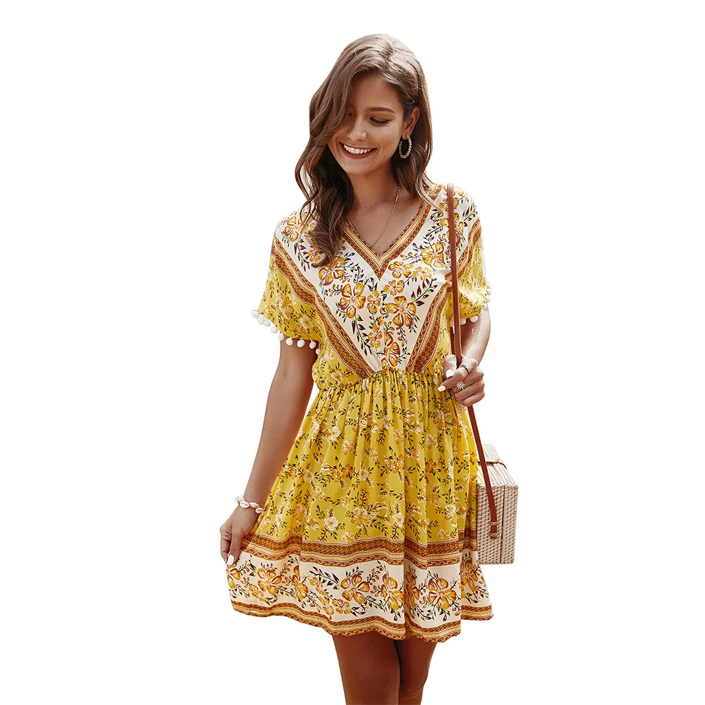 

2021 summer new holiday V-neck waist slimming printed sexy dress