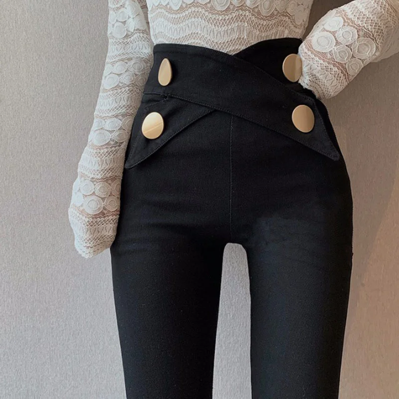 

Xfhh 2021 New Spring Casual Irregular Trousers For Women High Waist Lace Up Button Straight Slim Pants Female Autumn Fashion
