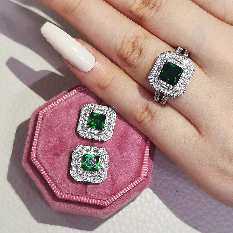 

2pcs Pack 925 Sterling Silver Jewelry set halo Engagement ring round stud earring for Wedding christmas gift party J4945-green