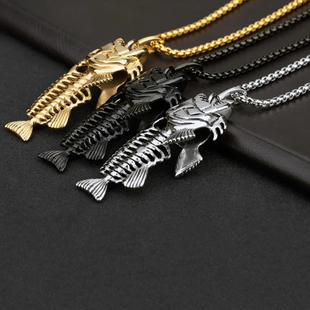 

Vintage Punk Fish Bone Pendant Necklace Stainless Steel Polished Women Men Fashion Simple Choker Chain