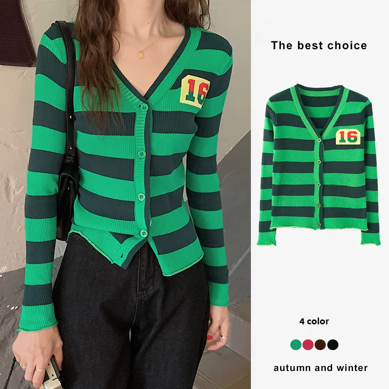 

Женский трикотажный кардиган в полоску, милый свитер на весну и осень, Повседневная модная трикотажная одежда из вискозы с нашивками, топы с...