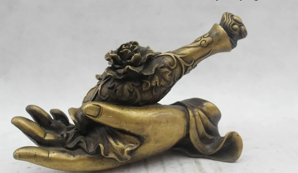 

6"Chinese Folk Pure Bronze Lucky excellent lotus flower Hands Vase Statue