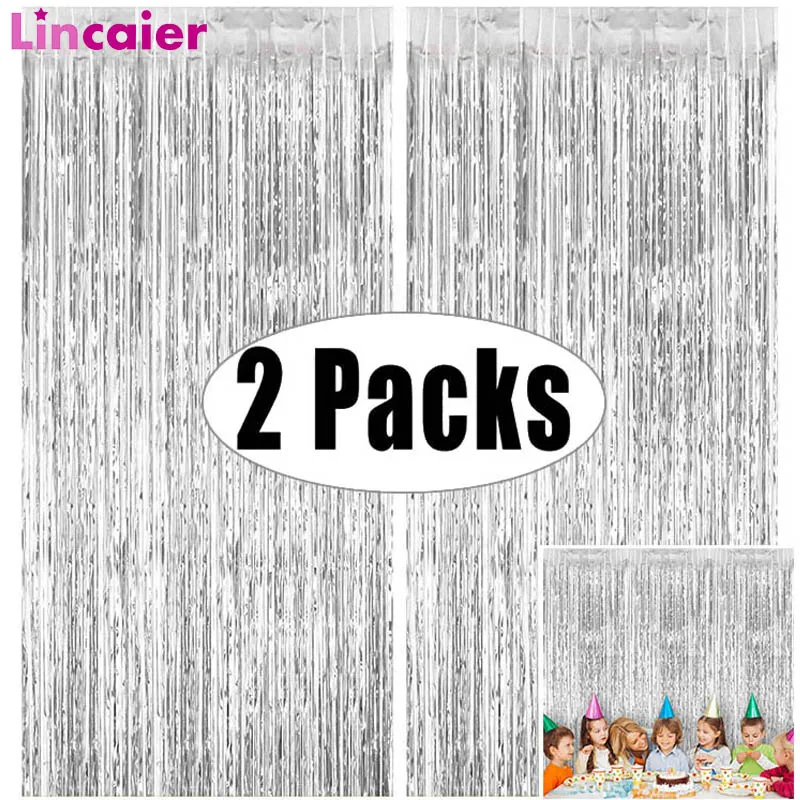 2Pack 1X2M Metallic Foil Tinsel Fringe Curtain Backdrop Birthday Wedding Bachelorette Party Decoration Adult Anniversary