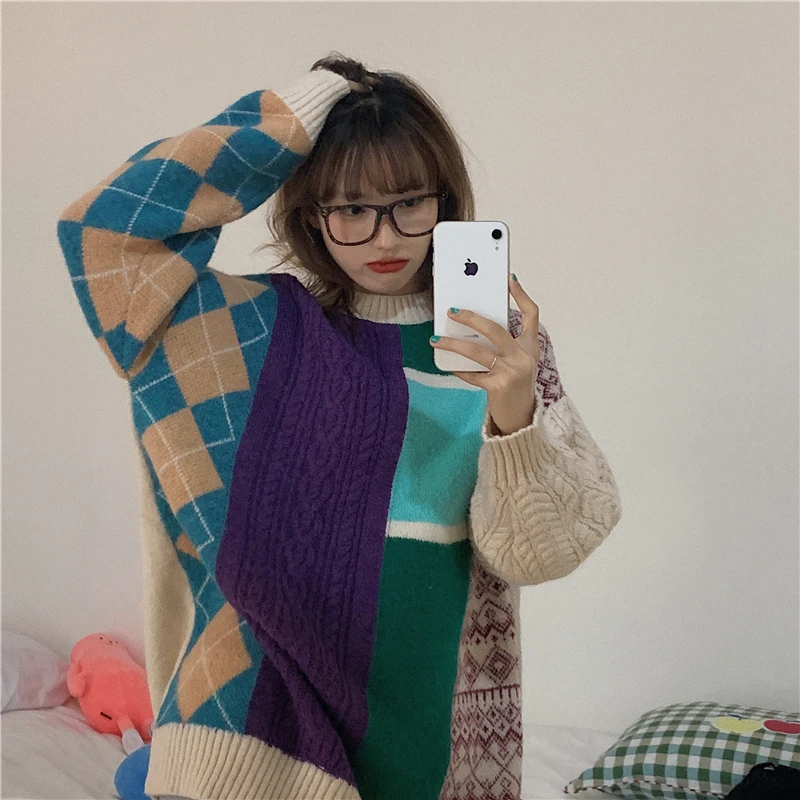 

Lazy style retro hit color round neck knit Korean style autumn and winter long-sleeved loose coat sweater