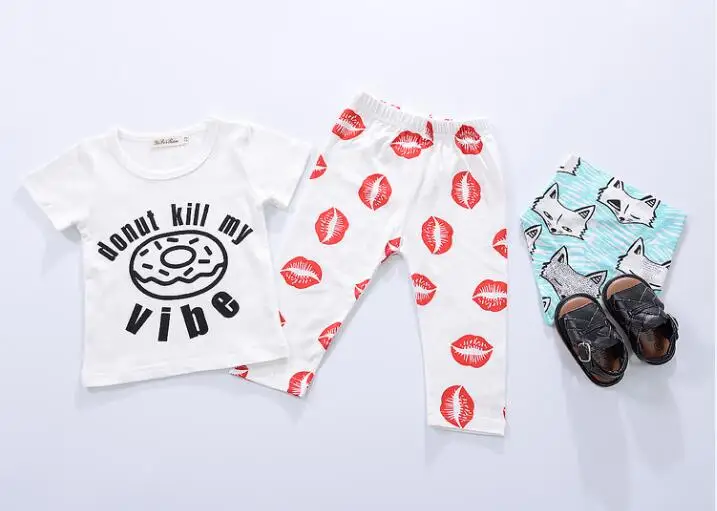 New 2020 summer baby boy clothes fashion cotton short sleeved Lips pattern t-shirt+pants girls clothing set infant 2pcs sui | Детская