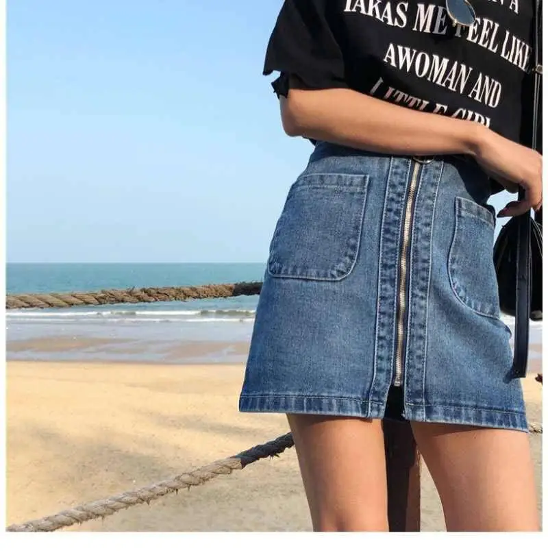 

Fashion zipper denim women mini skirt spring summer Korean high waist A-line female blue jeans high quality mujer skirt