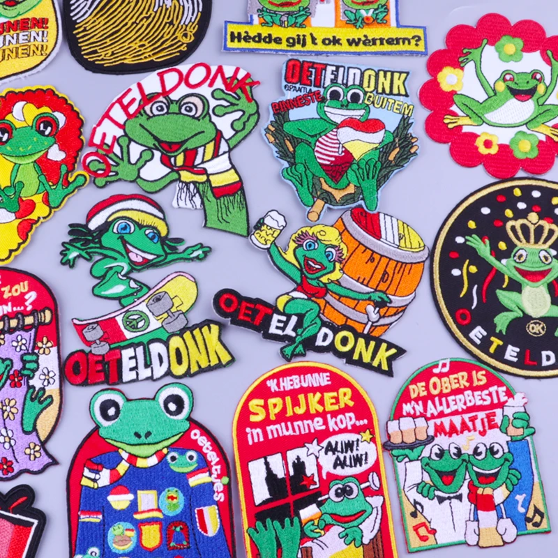 

Eindhoven Oeteldonk Emblem Full Embroidered Frog Carnival for Netherland Iron on Patches For Clothes Stripes Embroidered Patches