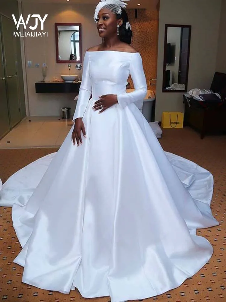 

Elegant Bare Off Shoulder A Line White Bridal Wedding Dresses With Long Sleeves Court Train Satin Customize Plus size Dress