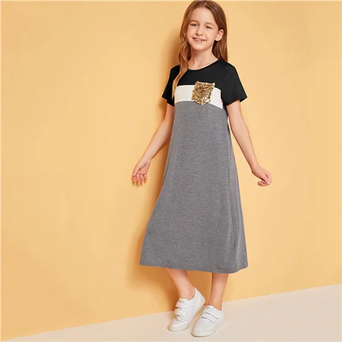 Multicolor SHEIN/длинное платье-туника с блестками и карманами для девочек; коллекция года; сезон лето; детская повседневная футболка с короткими рукавами - Цвет: Multicolor
