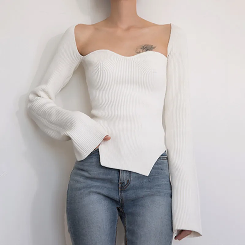 Sexy Women Knit Sweater Side Split Curve Bottoming Top Long Sleeve Knitwear Pullover Clothing Wild Stylish | Женская одежда