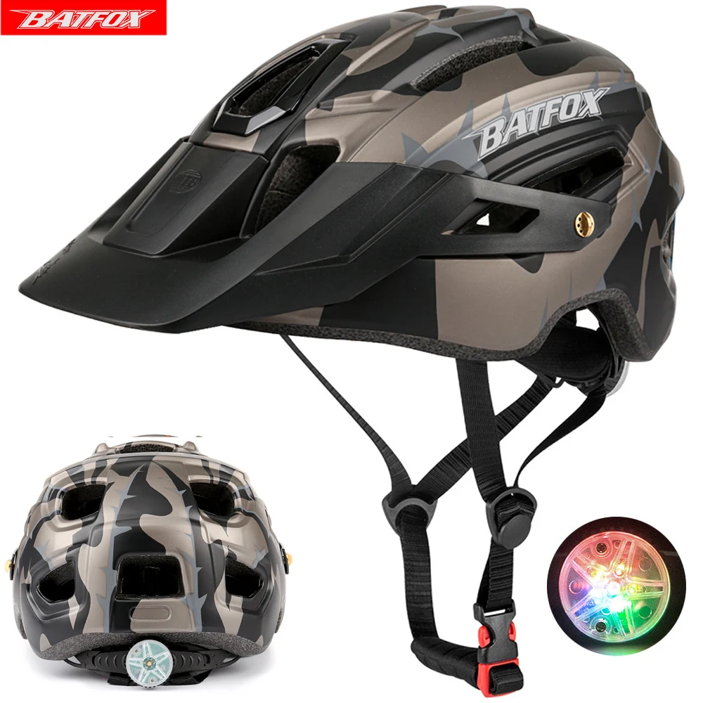 

BAT FOX Cool Mountain Bicycle Camouflage Helmet MTB Road Bike Riding Helmet Big Brim Hat With Tail Light Safety cycling Helmet