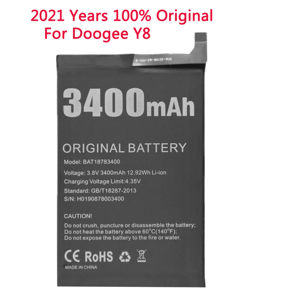 

2021 год оригинальный аккумулятор Для Doogee Y8 сменные батареи перезаряжаемый литий-полимерный аккумулятор Doogee Y8 BAT18783400 3400 мАч