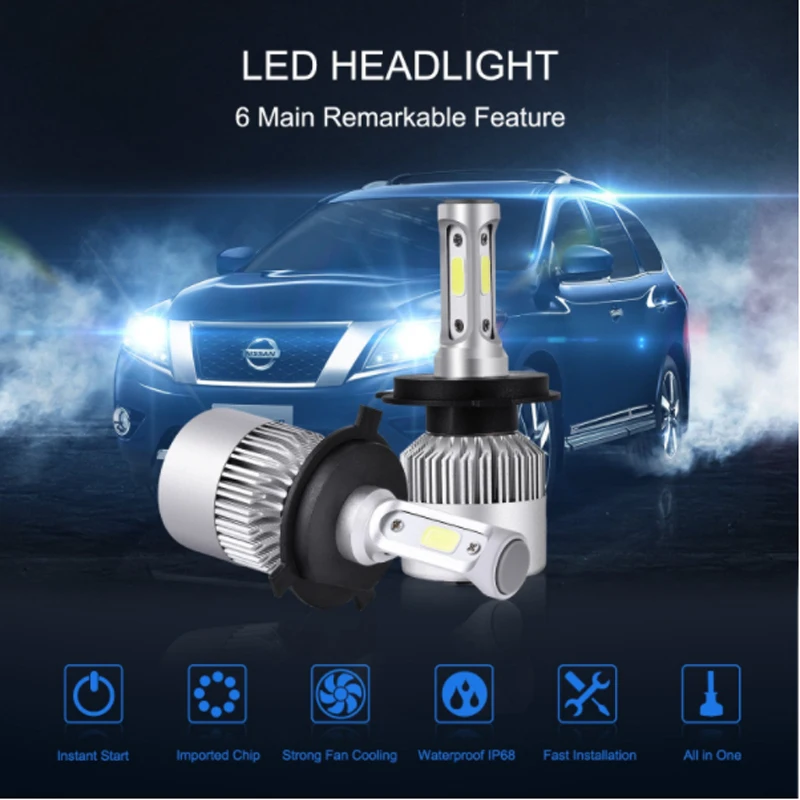 H7 LED H4 светодиодный S2 cob H11 9005 Автомобильные светодиодсветильник фары
